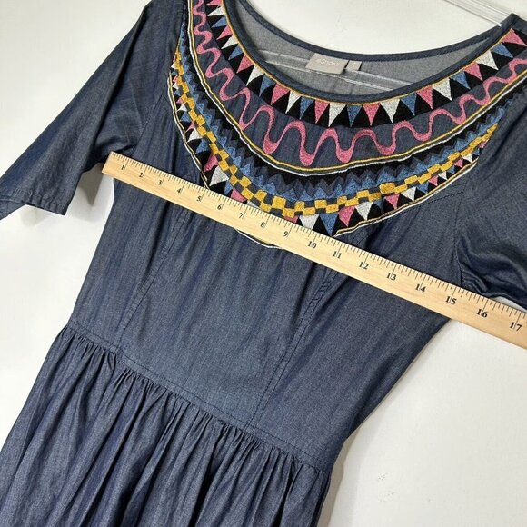 Eshakti Embroidered Chambray Dress Womens Size Medium Blue Tie Waist - Picture 8 of 10